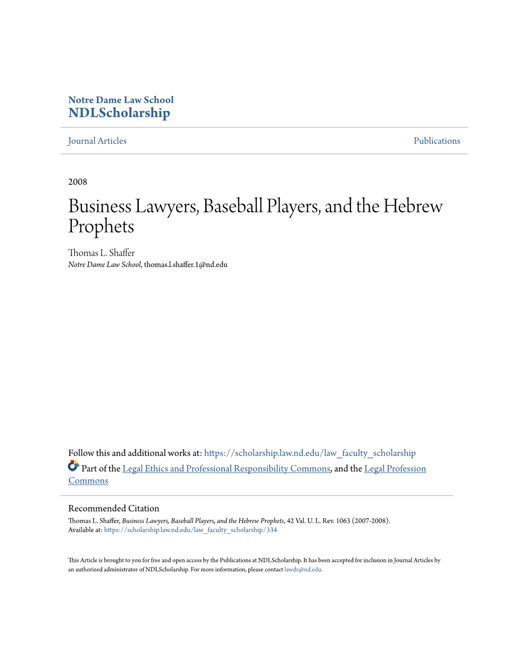 Business Lawyers, Baseball Players, and the Hebrew Prophets Thomas L