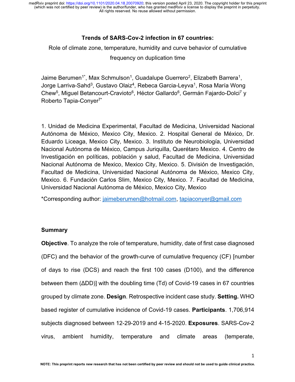 Trends of SARS-Cov-2 Infection in 67 Countries: Role of Climate Zone, Temperature, Humidity and Curve Behavior of Cumulative Frequency on Duplication Time