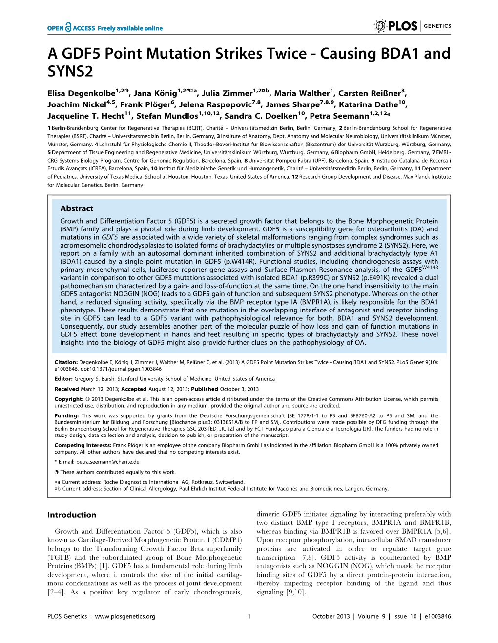 A GDF5 Point Mutation Strikes Twice - Causing BDA1 and SYNS2