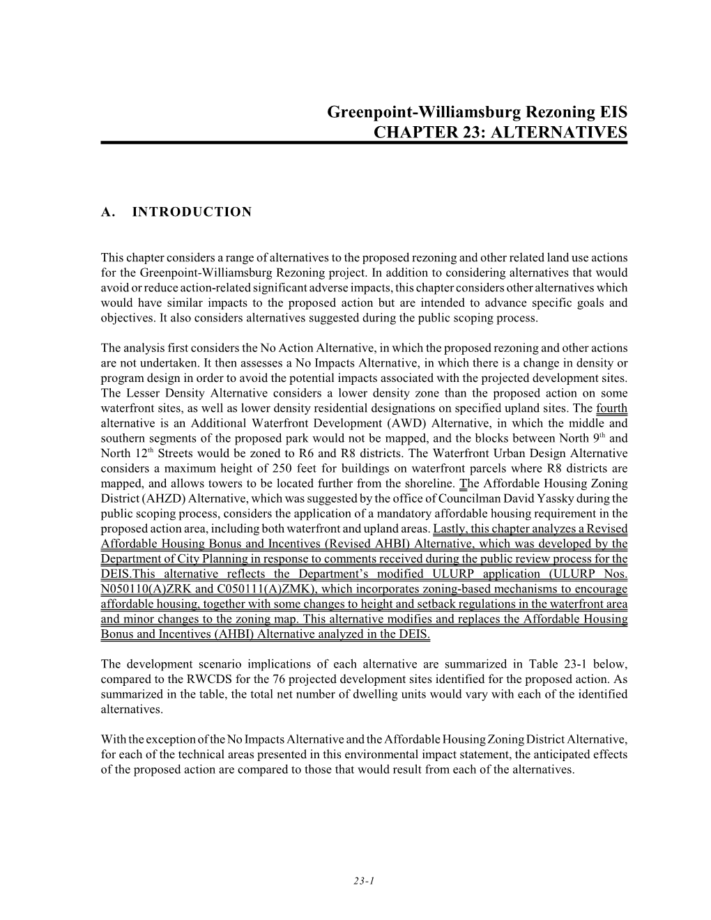 Greenpoint-Williamsburg Rezoning EIS CHAPTER 23: ALTERNATIVES