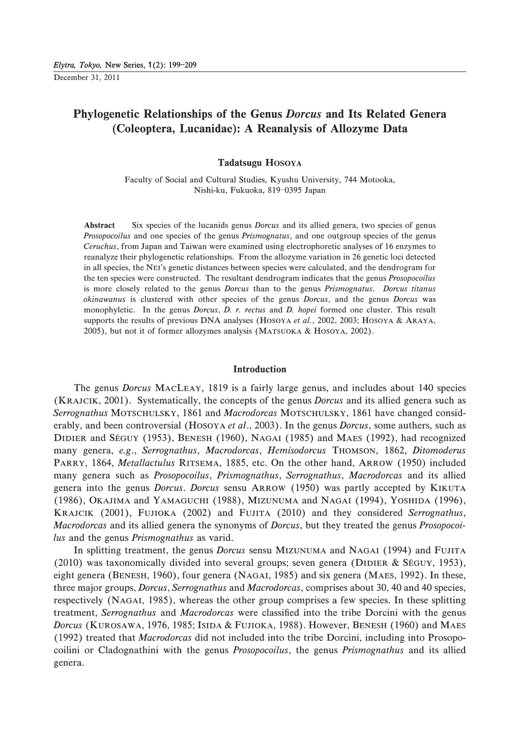 Phylogenetic Relationships of the Genus Dorcus and Its Related Genera (Coleoptera, Lucanidae): a Reanalysis of Allozyme Data