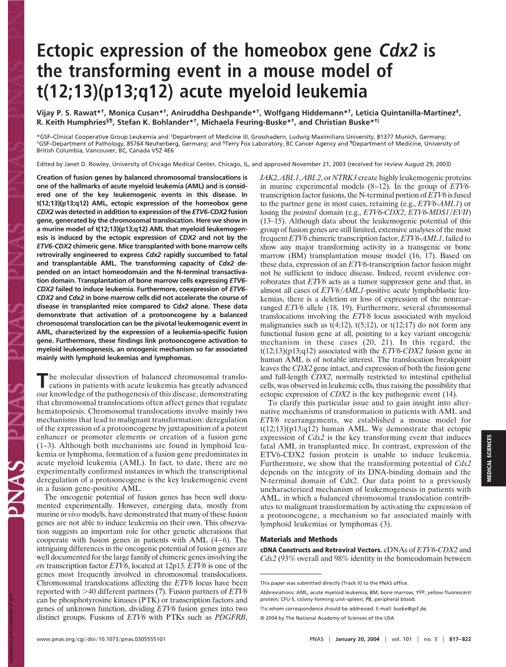 Ectopic Expression of the Homeobox Gene Cdx2 Is the Transforming Event in a Mouse Model of T(12;13)(P13;Q12) Acute Myeloid Leukemia