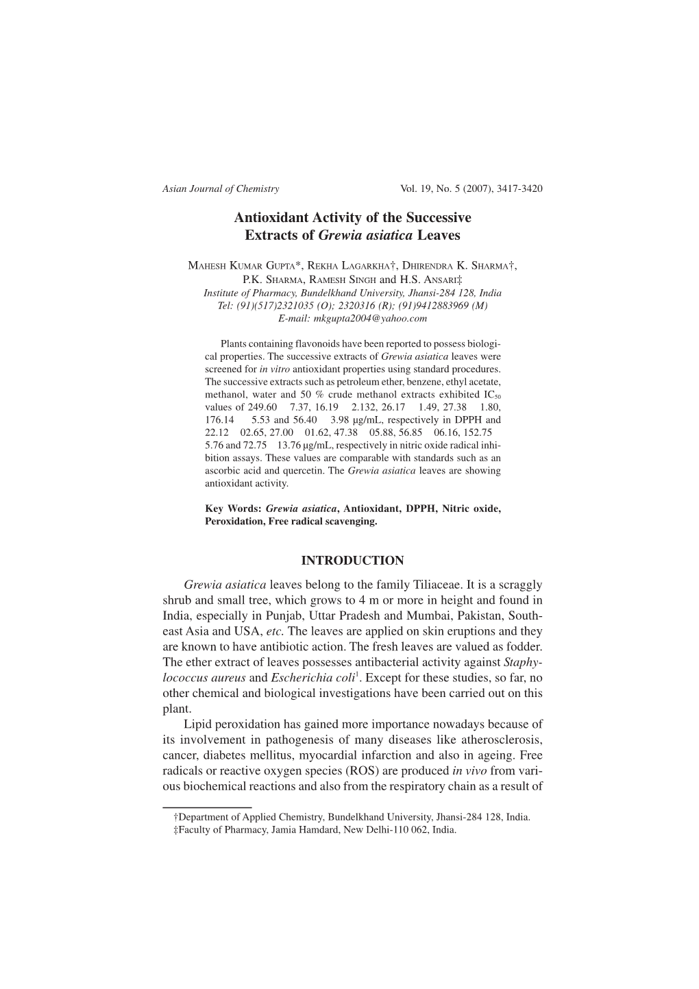 Antioxidant Activity of the Successive Extracts of Grewia Asiatica Leaves