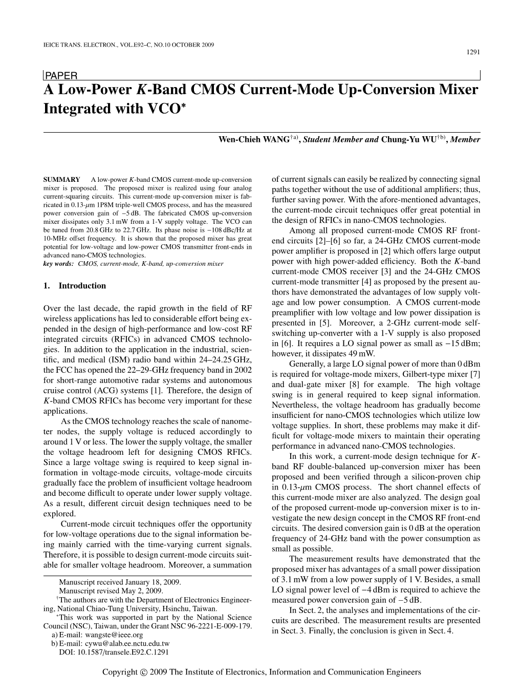 A Low-Power K-Band CMOS Current-Mode Up-Conversion Mixer Integrated with VCO∗