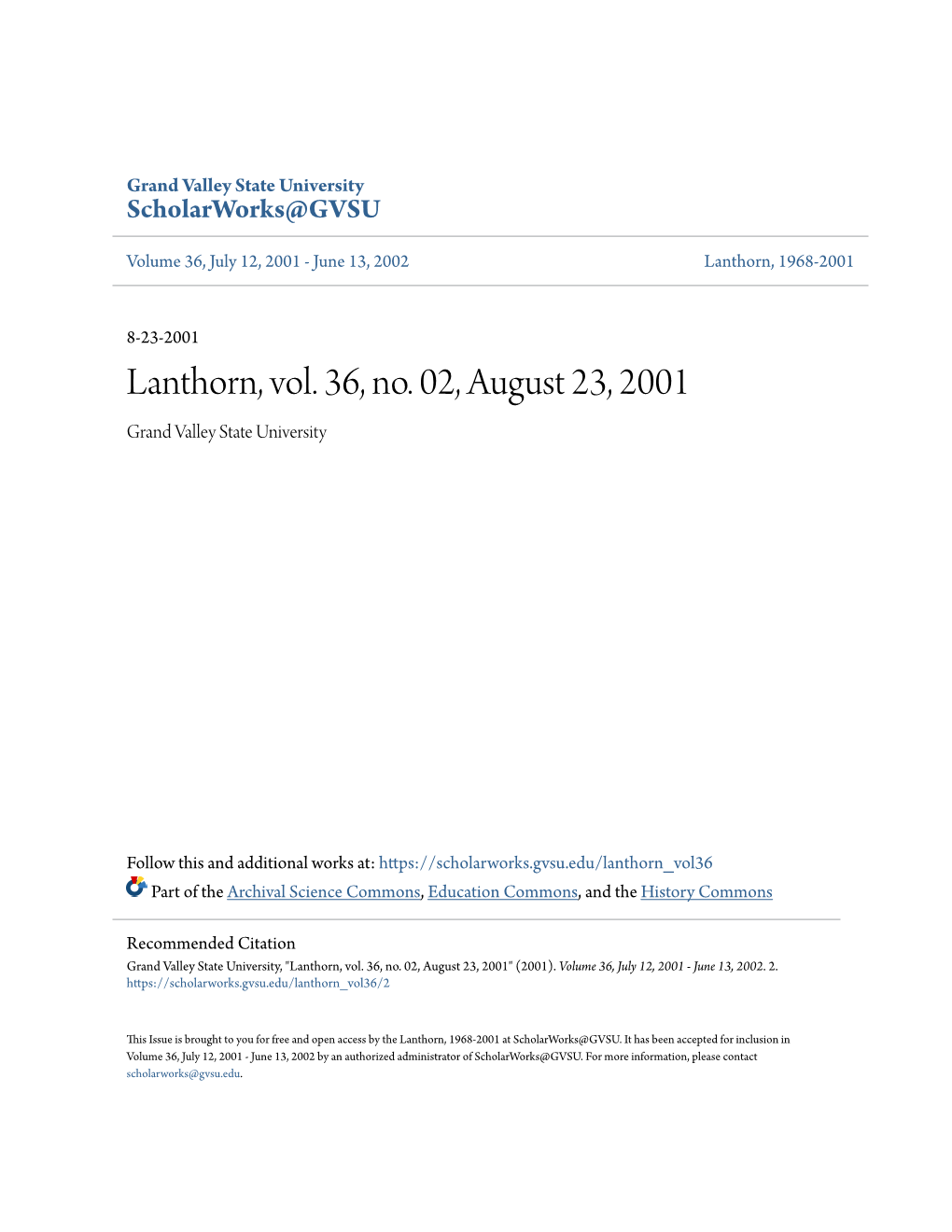 Lanthorn, Vol. 36, No. 02, August 23, 2001 Grand Valley State University