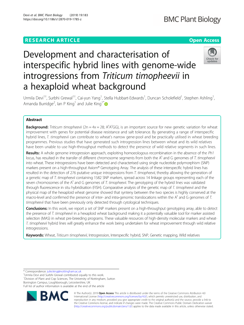 Development and Characterisation of Interspecific Hybrid Lines with Genome-Wide Introgressions from Triticum Timopheevii in a He