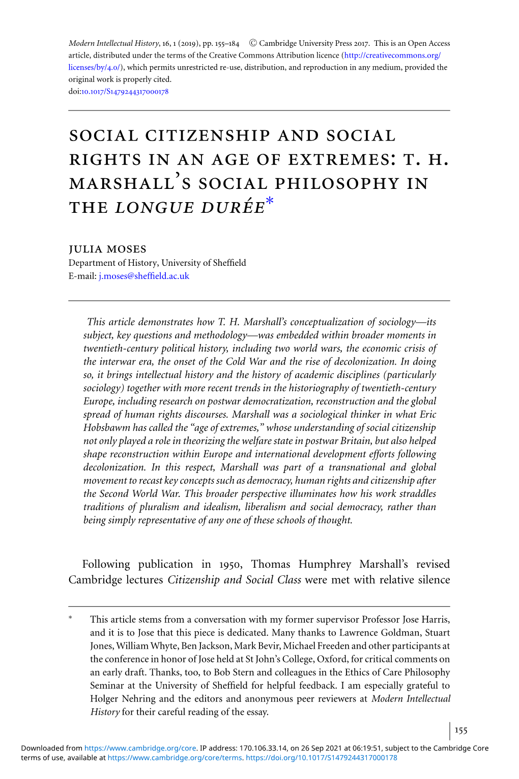 Social Citizenship and Social Rights in an Age of Extremes: T. H. Marshall's Social Philosophy in the Longue Durée