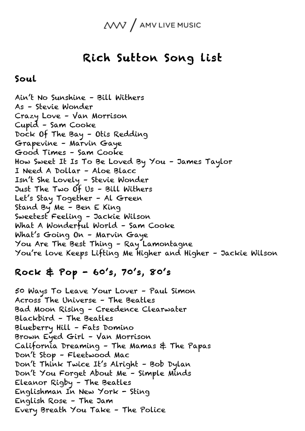 Rich Sutton Song List