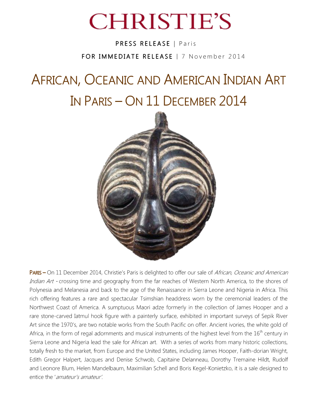 African, Oceanic and American Indian Art in Paris – on 11 December 2014
