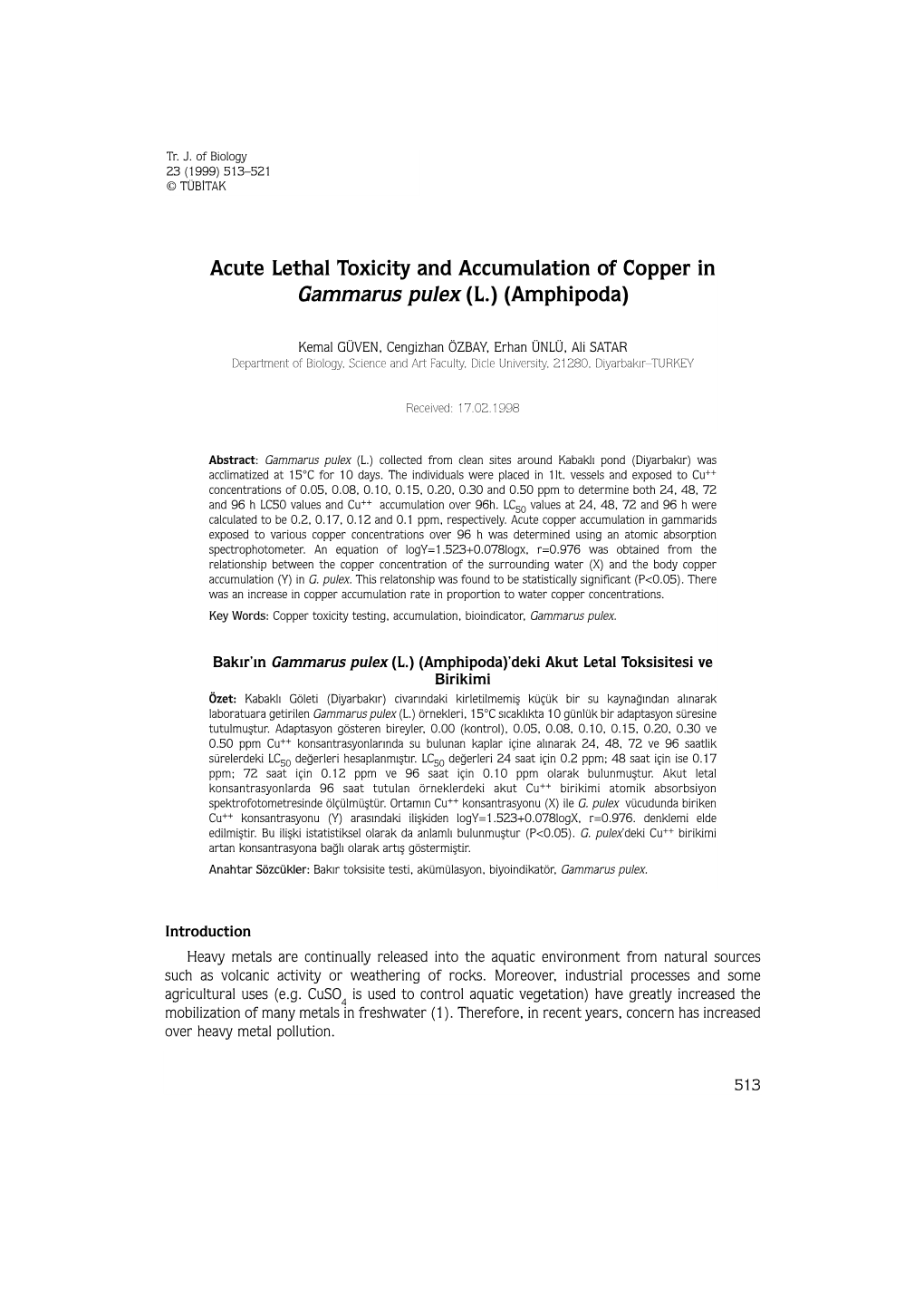 Acute Lethal Toxicity and Accumulation of Copper in Gammarus Pulex (L.) (Amphipoda)