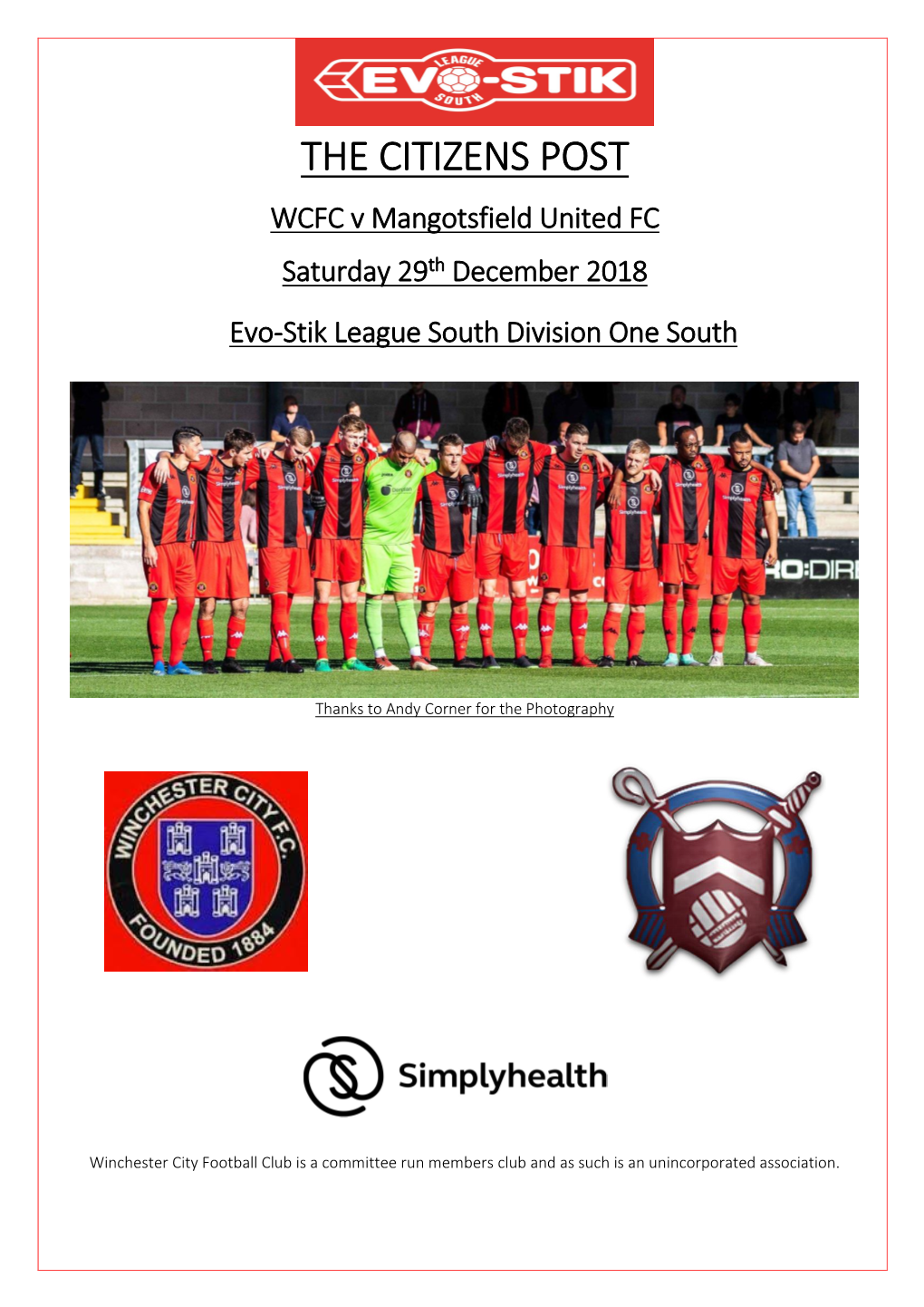 THE CITIZENS POST WCFC V Mangotsfield United FC Saturday 29Th December 2018 Evo-Stik League South Division One South