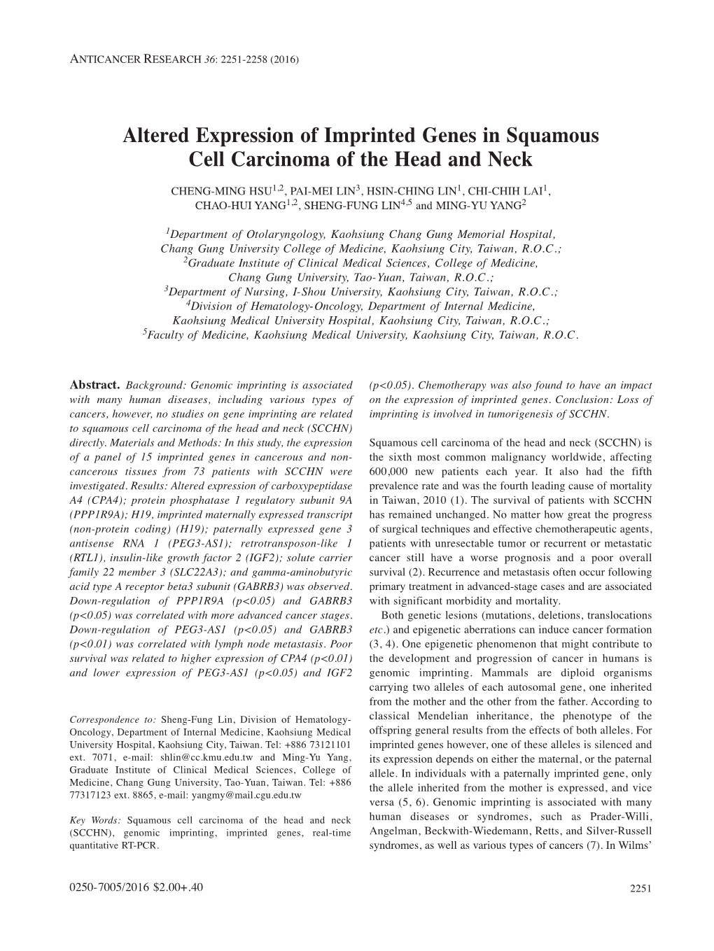 Altered Expression of Imprinted Genes in Squamous Cell Carcinoma of the Head and Neck