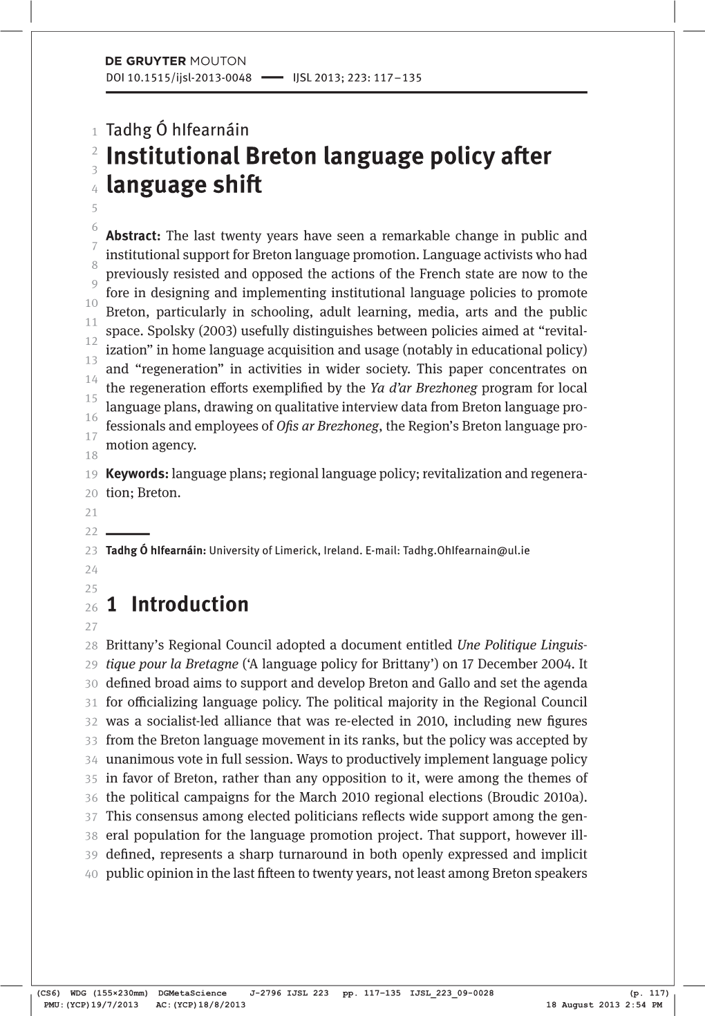 Institutional Breton Language Policy After Language Shift