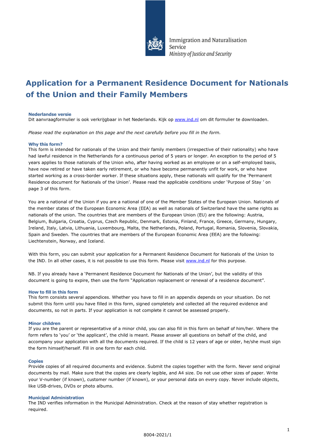 Application for a Permanent Residence Document for Nationals of the Union and Their Family Members