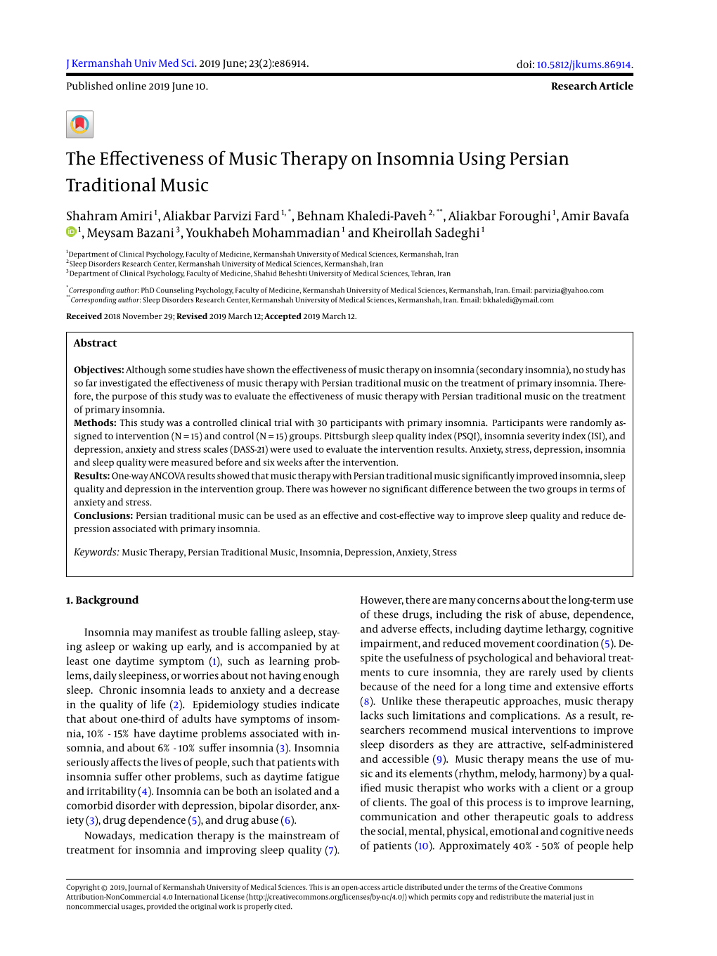 The Effectiveness of Music Therapy on Insomnia Using Persian