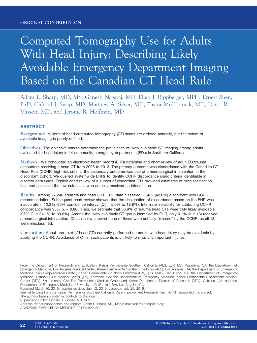 Computed Tomography Use for Adults with Head Injury: Describing Likely Avoidable Emergency Department Imaging Based on the Canadian CT Head Rule