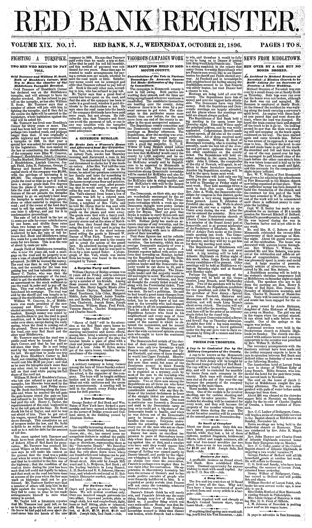 VOLUME XIX. NO. It RED Fcank, N. J., WEDNESDAY, OCTOBER 21,1896