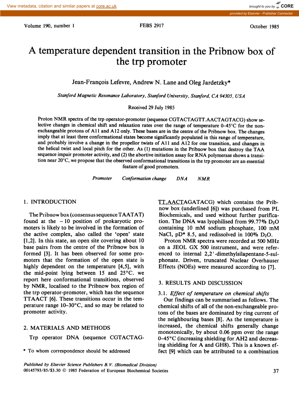 A Temperature Dependent Transition in the Pribnow Box of the Trp Promoter