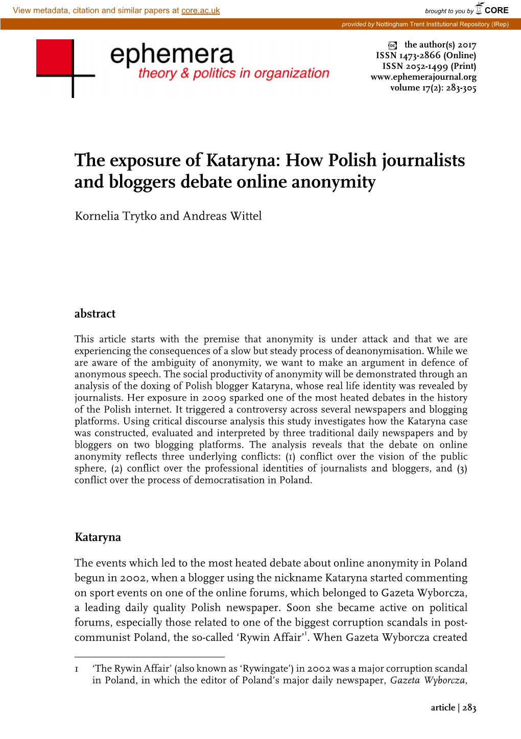 The Exposure of Kataryna: How Polish Journalists and Bloggers Debate Online Anonymity