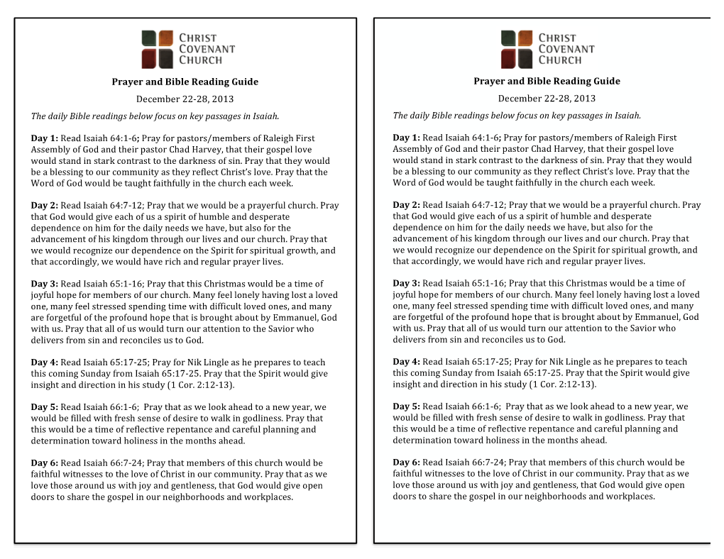 Prayer and Bible Reading Guide December 22-‐28, 2013 Prayer And