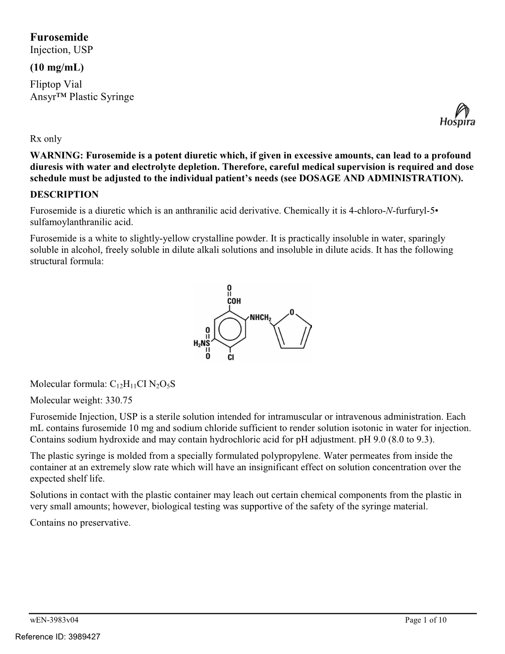 Furosemide Injection, USP (10 Mg/Ml) Fliptop Vial Ansyr™ Plastic Syringe