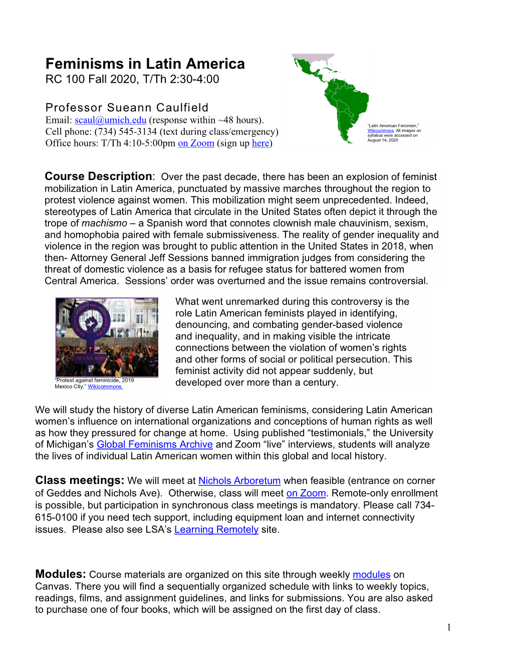 Feminisms in Latin America RC 100 Fall 2020, T/Th 2:30-4:00