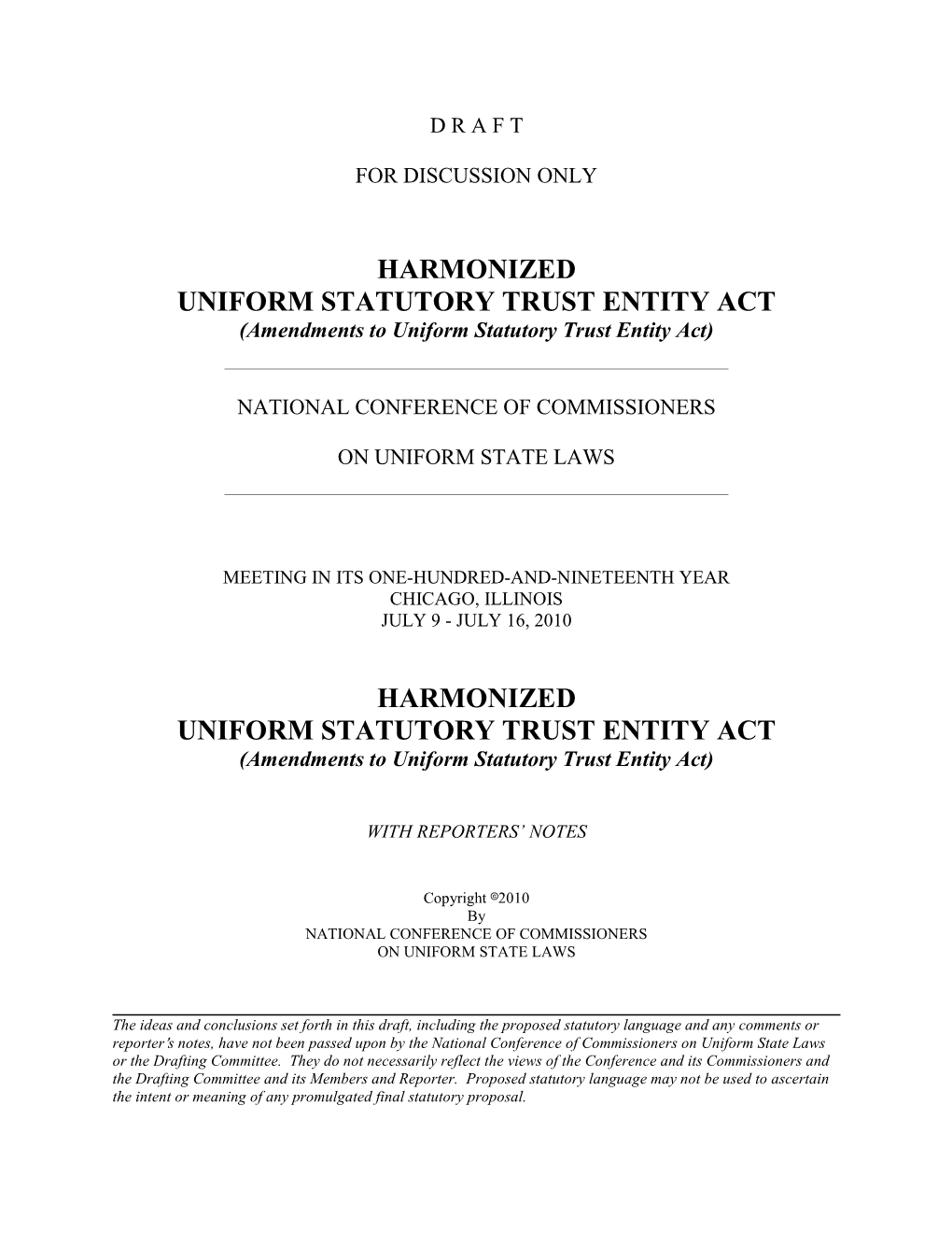 HARMONIZED UNIFORM STATUTORY TRUST ENTITY ACT (Amendments to Uniform Statutory Trust Entity Act)