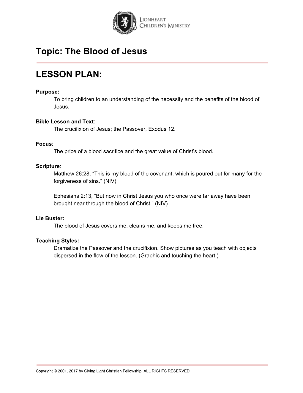 The Blood of Jesus LESSON PLAN