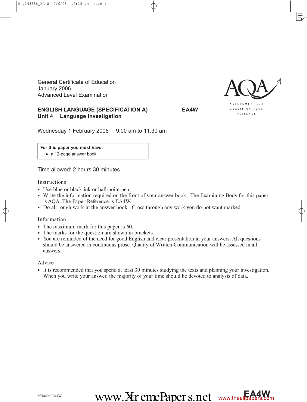 AQA GCE Question Paper January 2006