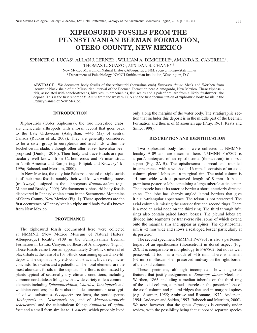 Xiphosurid Fossils from the Pennsylvanian Beeman Formation, Otero County, New Mexico