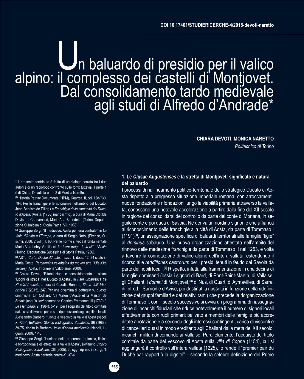 Il Complesso Dei Castelli Di Montjovet. Dal Consolidamento Tardo Medievale Agli Studi Di Alfredo D’Andrade*