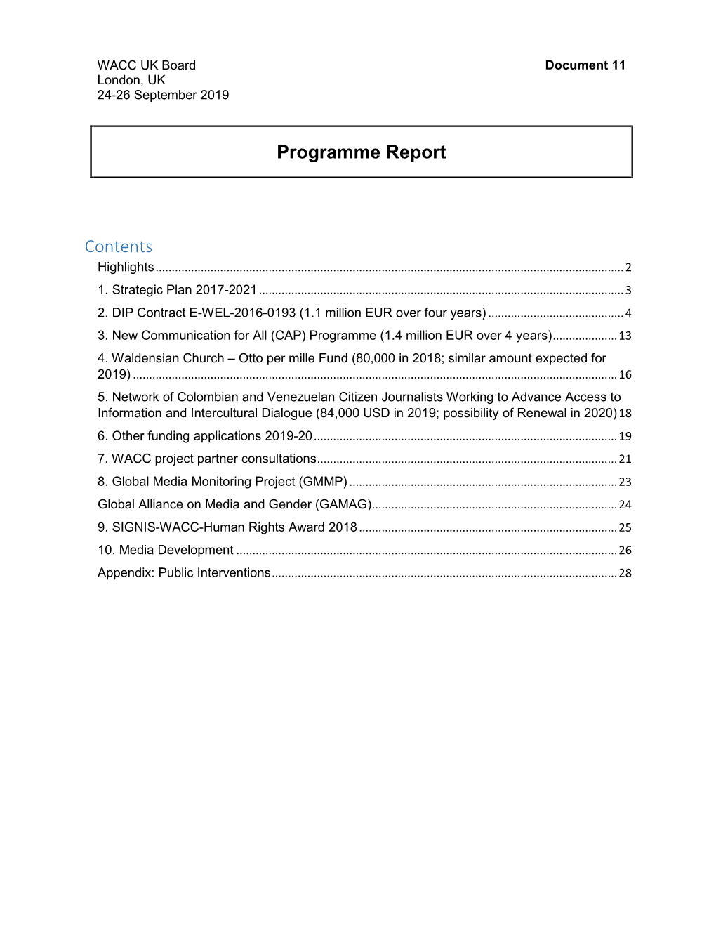 Programme Report Contents