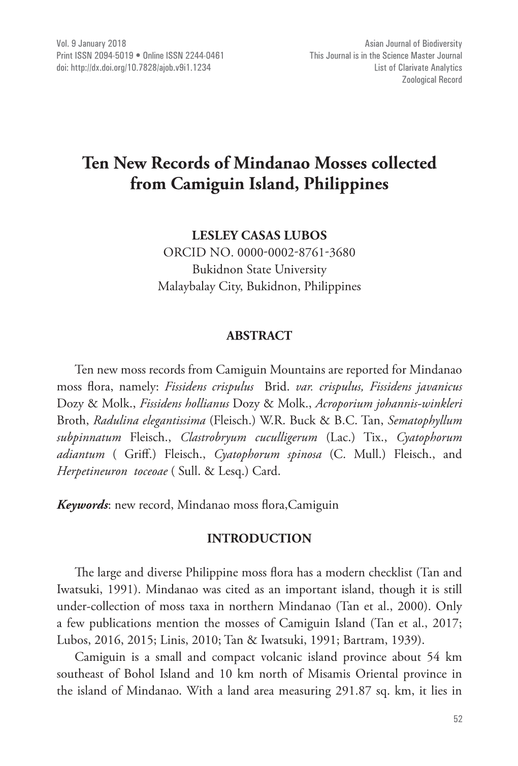 Ten New Records of Mindanao Mosses Collected from Camiguin Island, Philippines