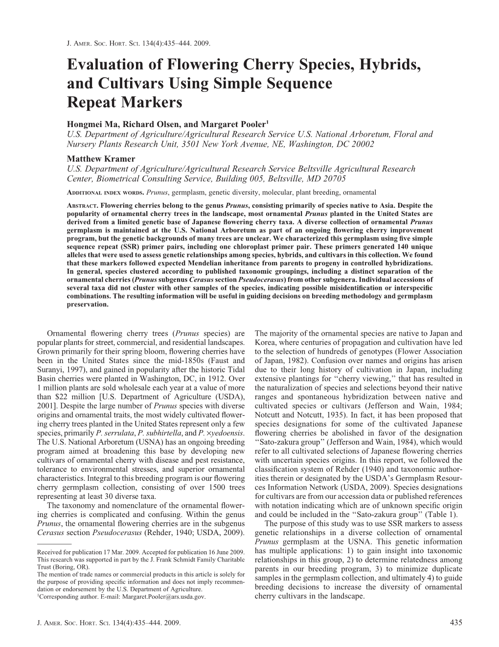 Evaluation of Flowering Cherry Species, Hybrids, and Cultivars Using Simple Sequence Repeat Markers