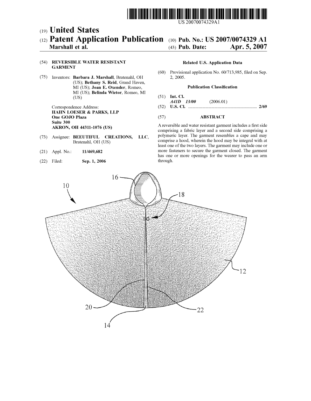 Patent Application Publication (10) Pub. No.: US 2007/0074329 A1 Marshall Et Al