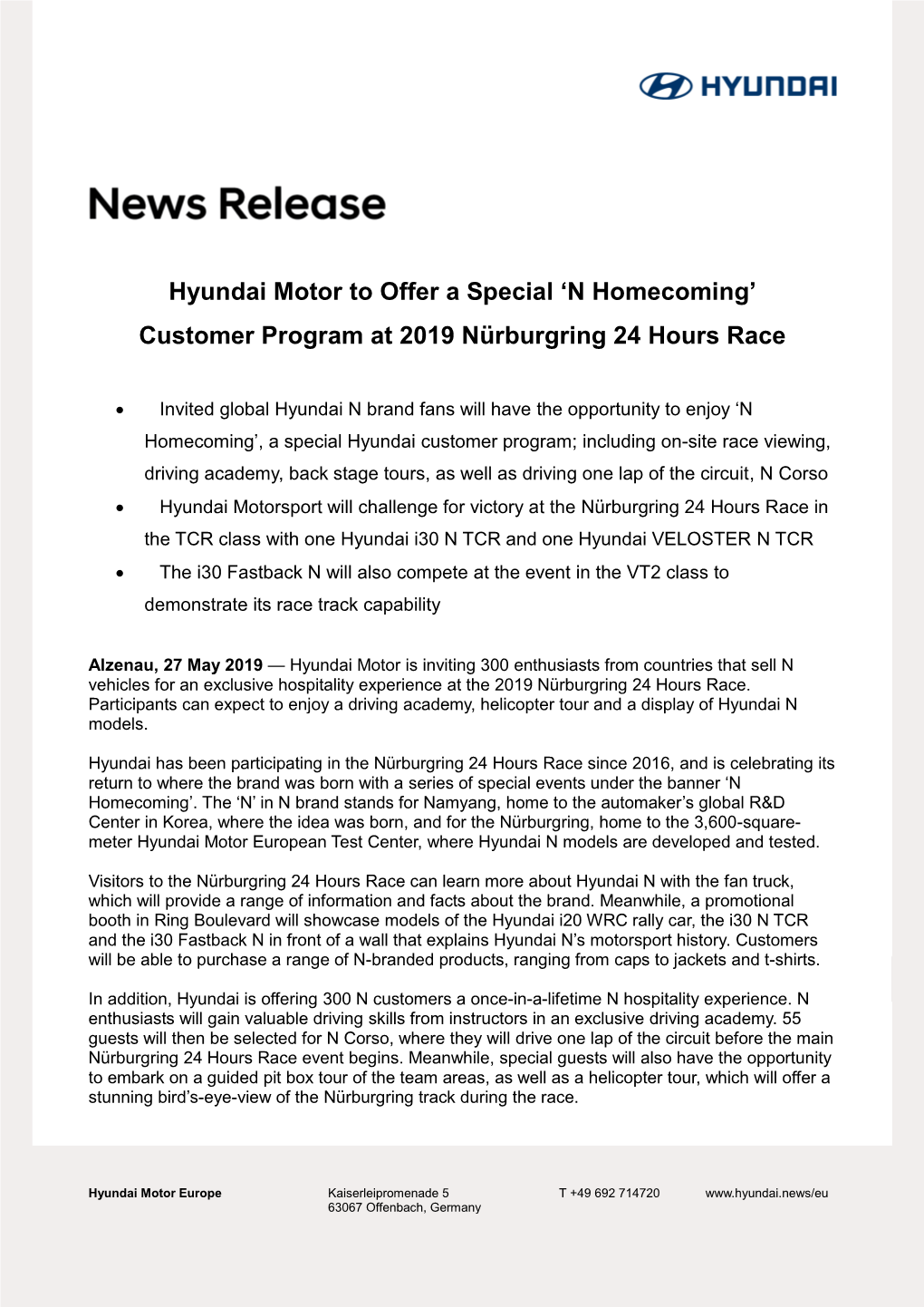 Hyundai Motor to Offer a Special 'N Homecoming' Customer Program At