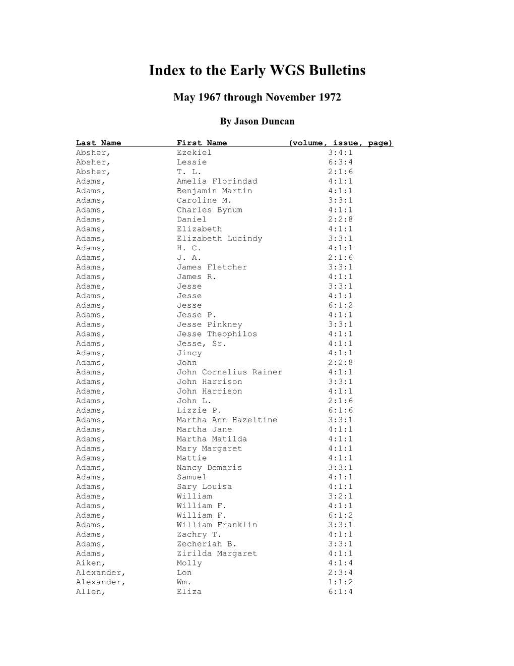 Index to the Early WGS Bulletins