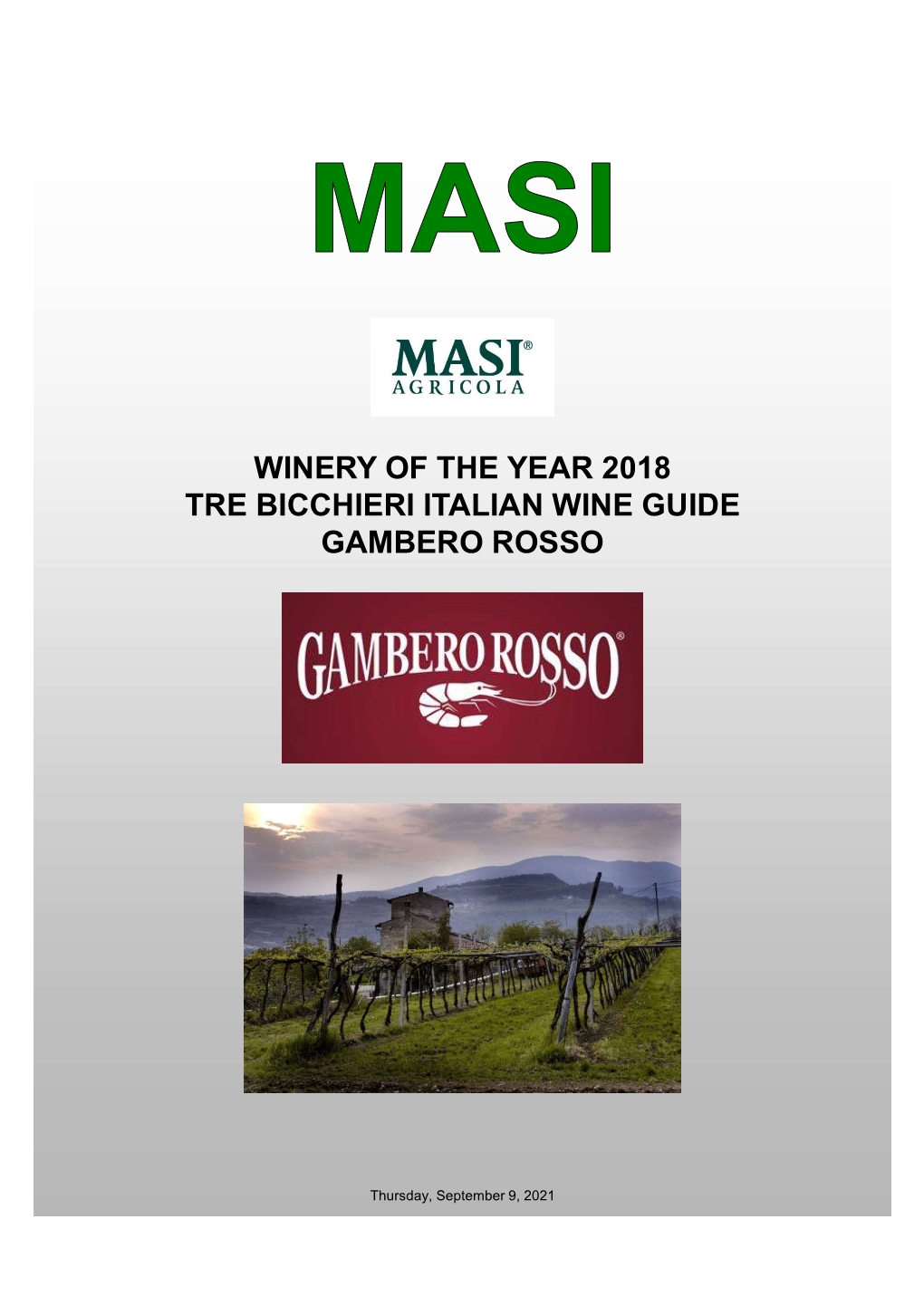 Winery of the Year 2018 Tre Bicchieri Italian Wine Guide Gambero Rosso
