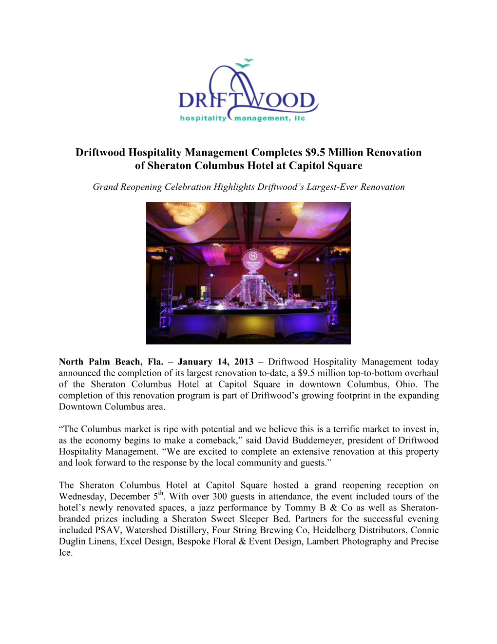 Driftwood Hospitality Management Completes $9.5 Million Renovation of Sheraton Columbus Hotel at Capitol Square