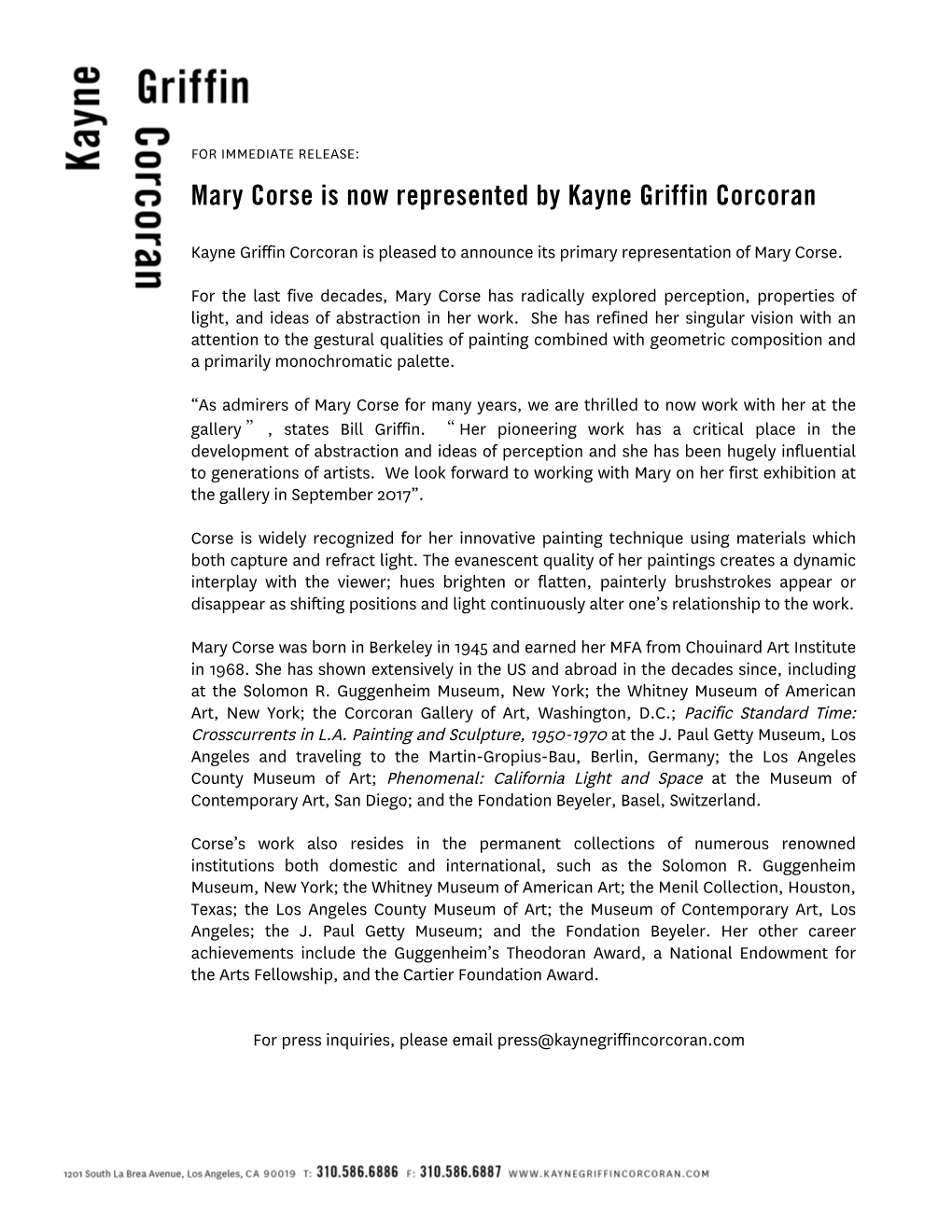Mary Corse Is Now Represented by Kayne Griffin Corcoran