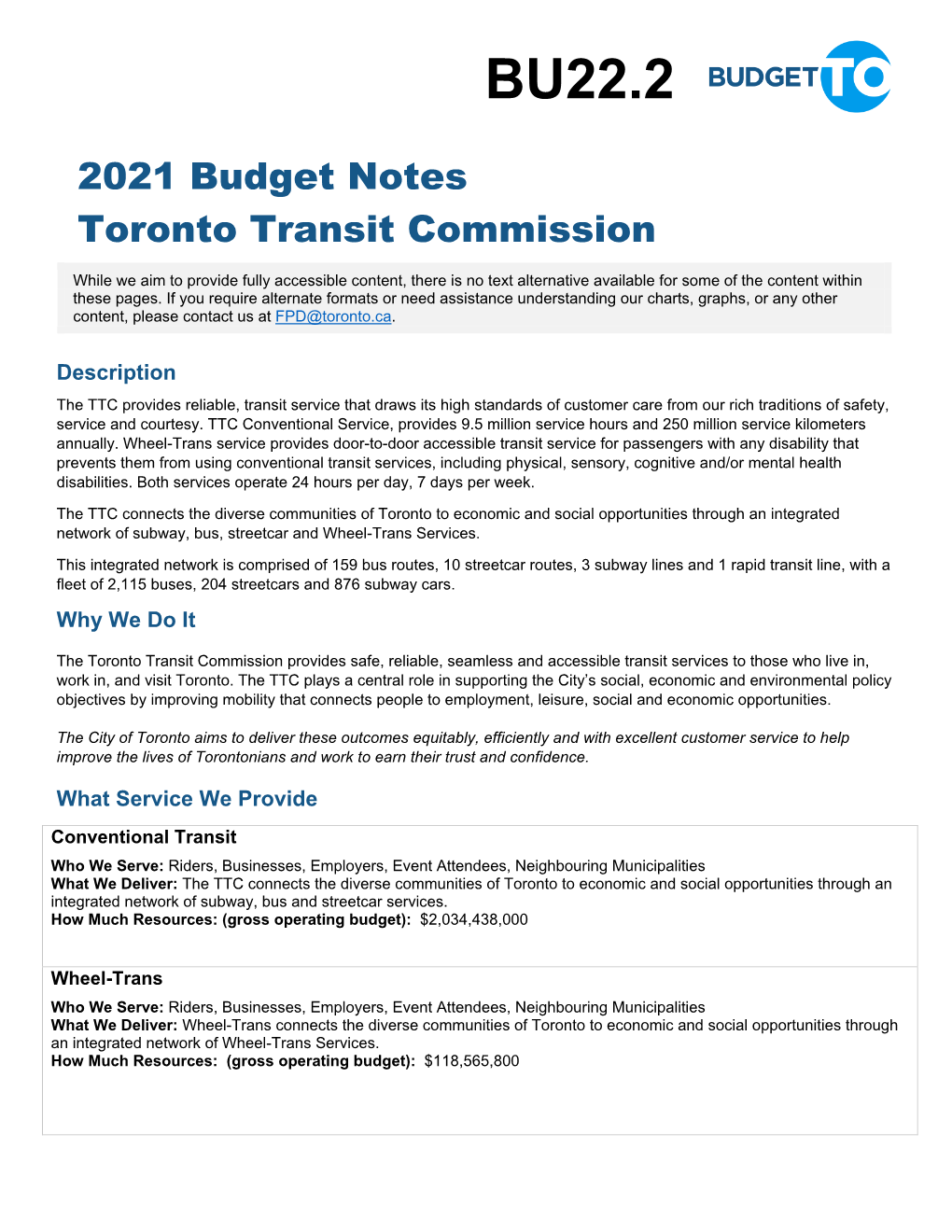2021 Staff Recommended Capital and Operating Budget Notes – Toronto