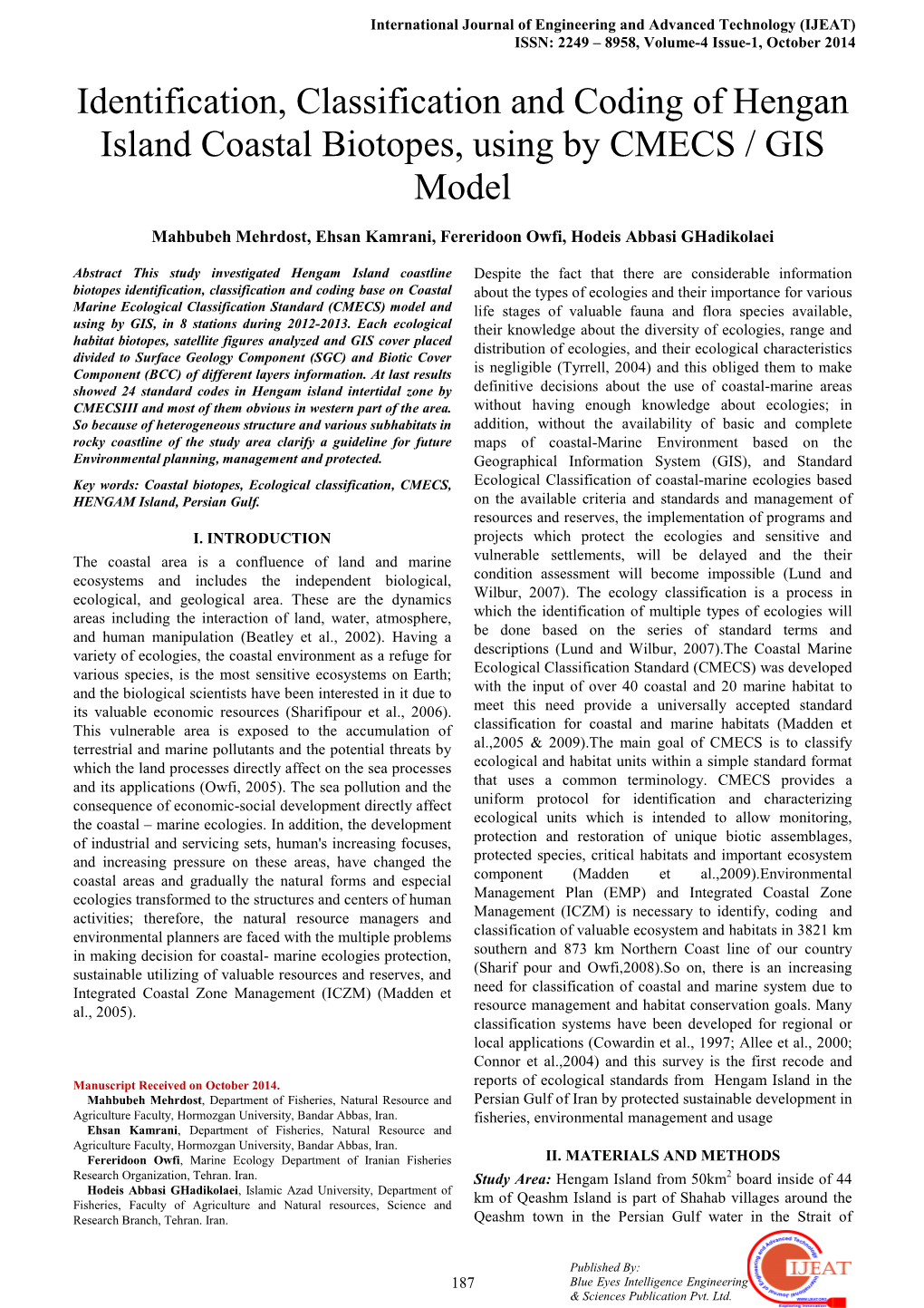 Identification, Classification and Coding of Hengan Island Coastal Biotopes, Using by CMECS / GIS Model