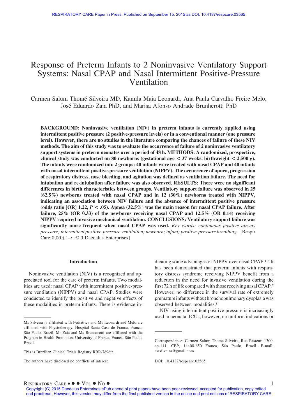 Nasal CPAP and Nasal Intermittent Positive-Pressure Ventilation