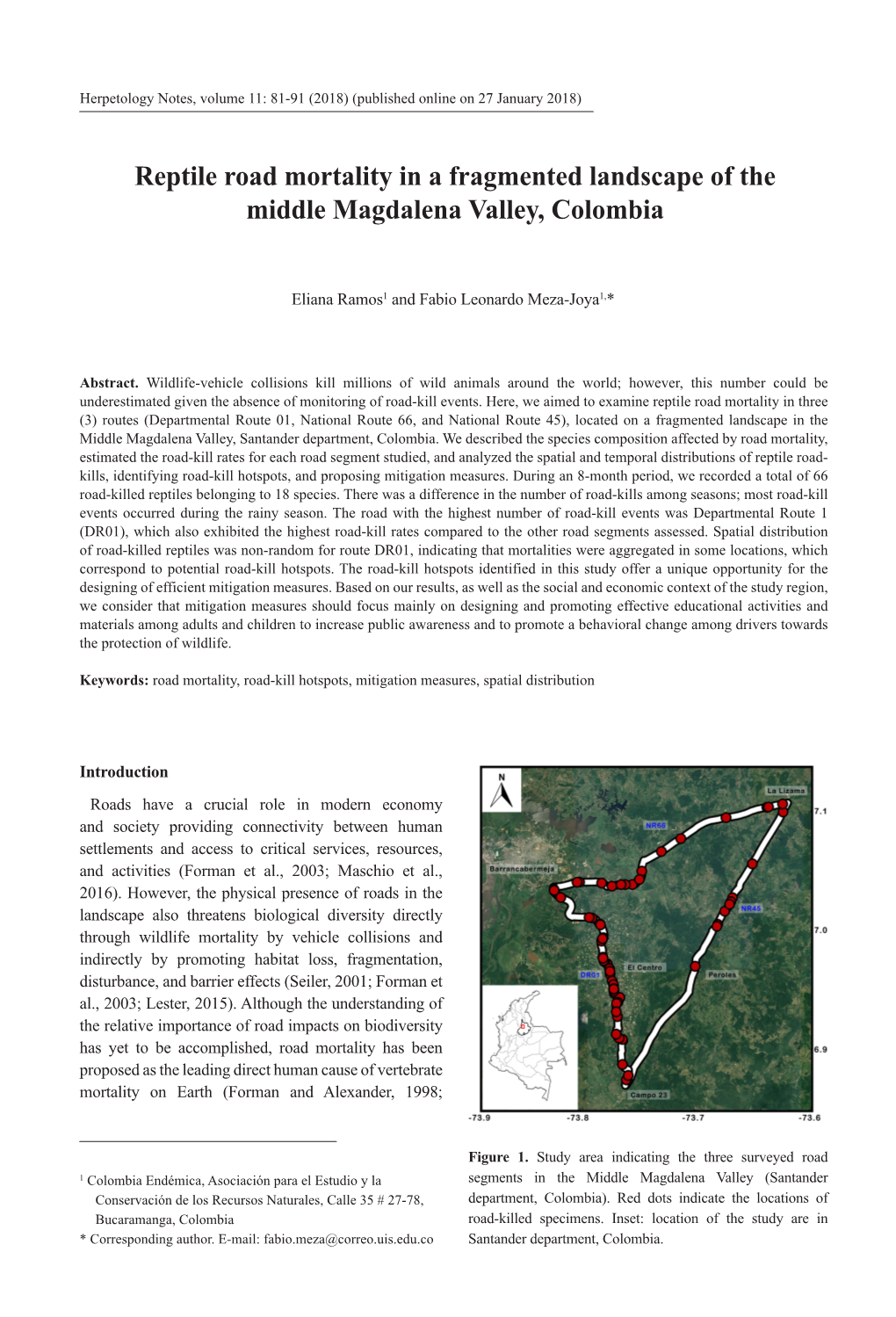 Reptile Road Mortality in a Fragmented Landscape of the Middle Magdalena Valley, Colombia