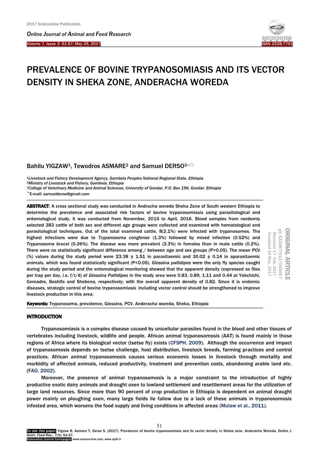 Prevalence of Bovine Trypanosomiasis and Its Vector Density in Sheka Zone, Anderacha Woreda