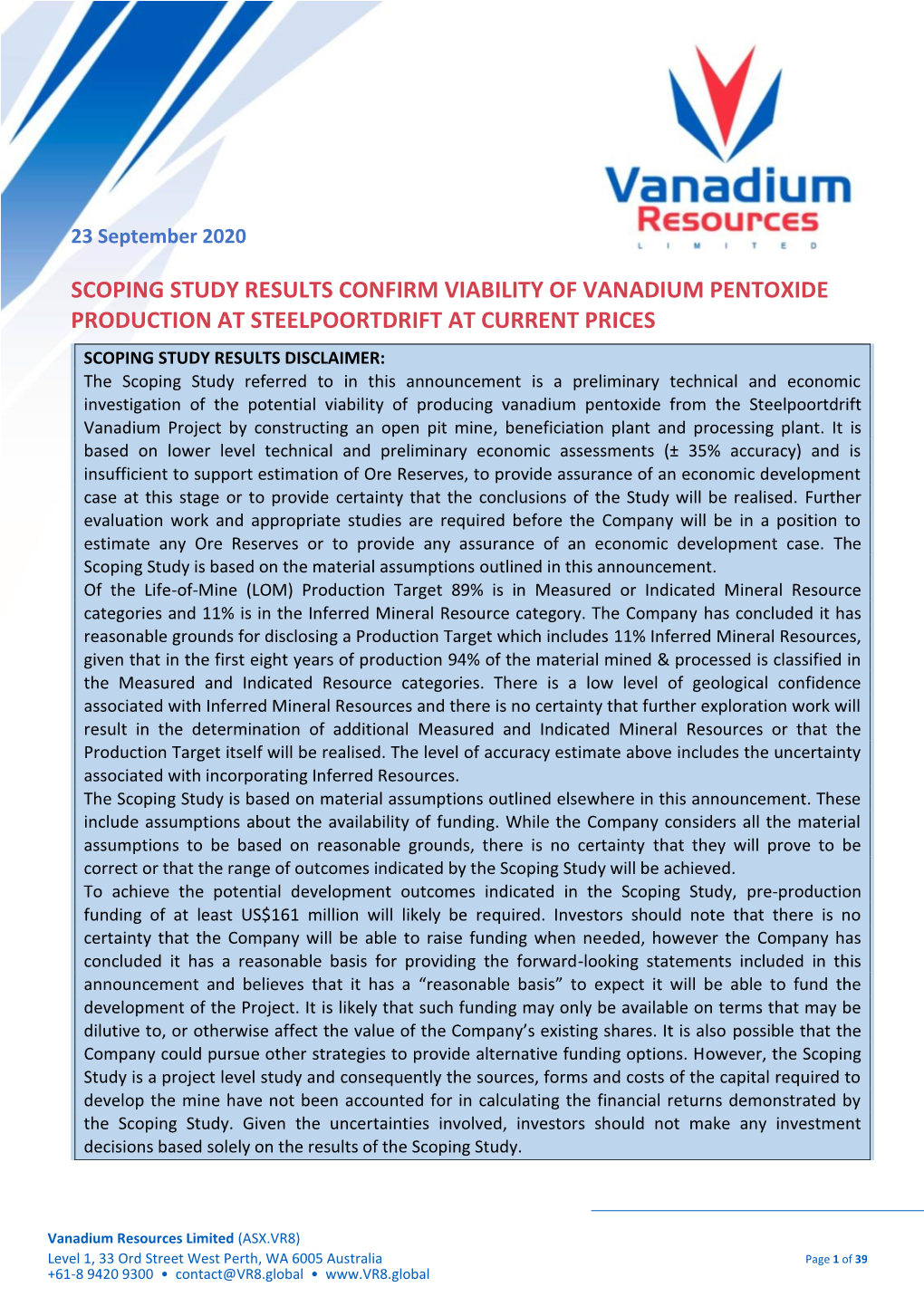 Scoping Study Results Confirm Viability of Vanadium Pentoxide Production at Steelpoortdrift at Current Prices