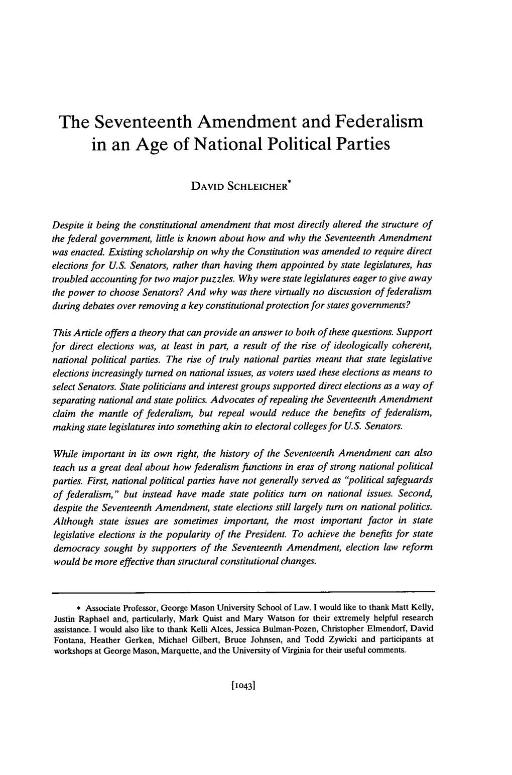 The Seventeenth Amendment and Federalism in an Age of National Political Parties