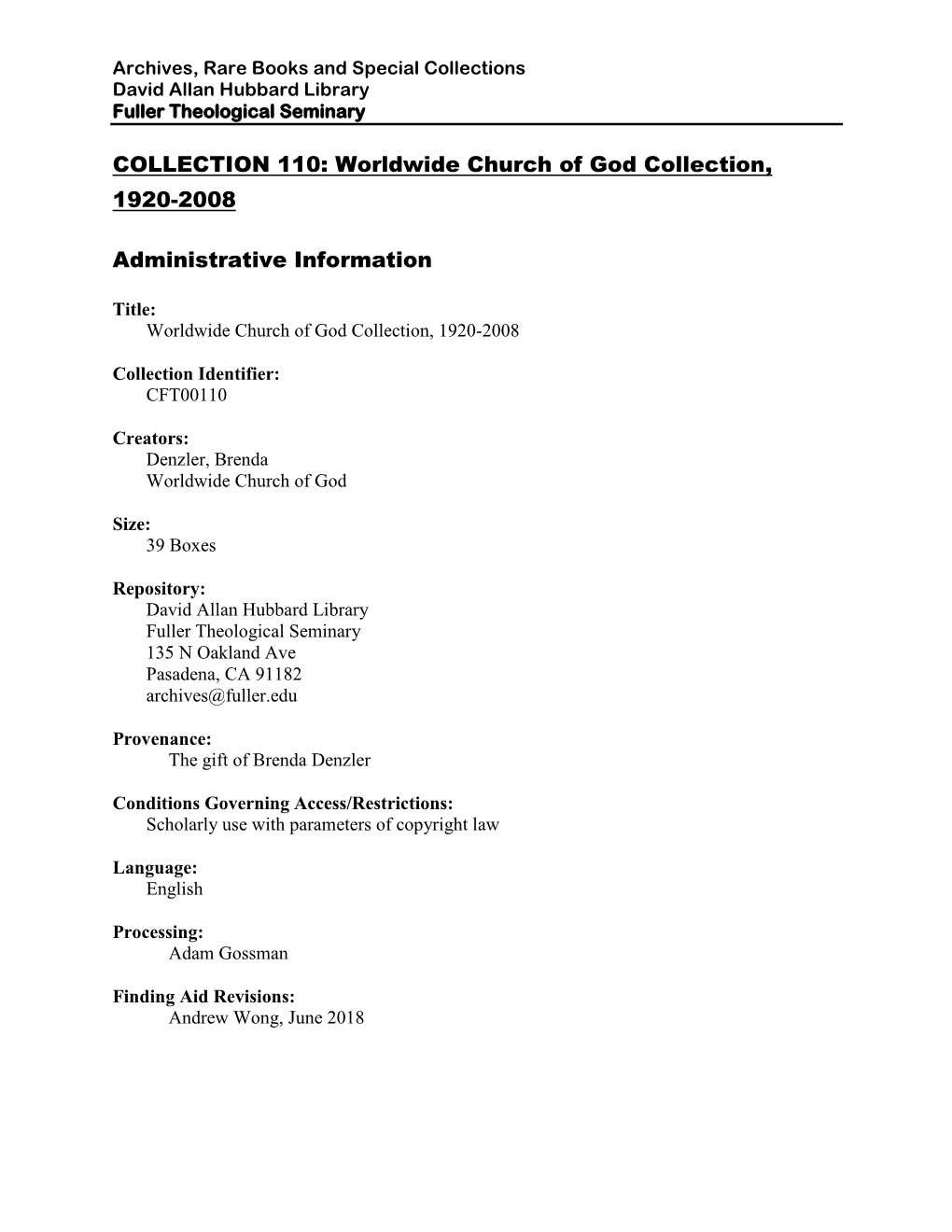 Finding Aid for Worldwide Church of God Collection