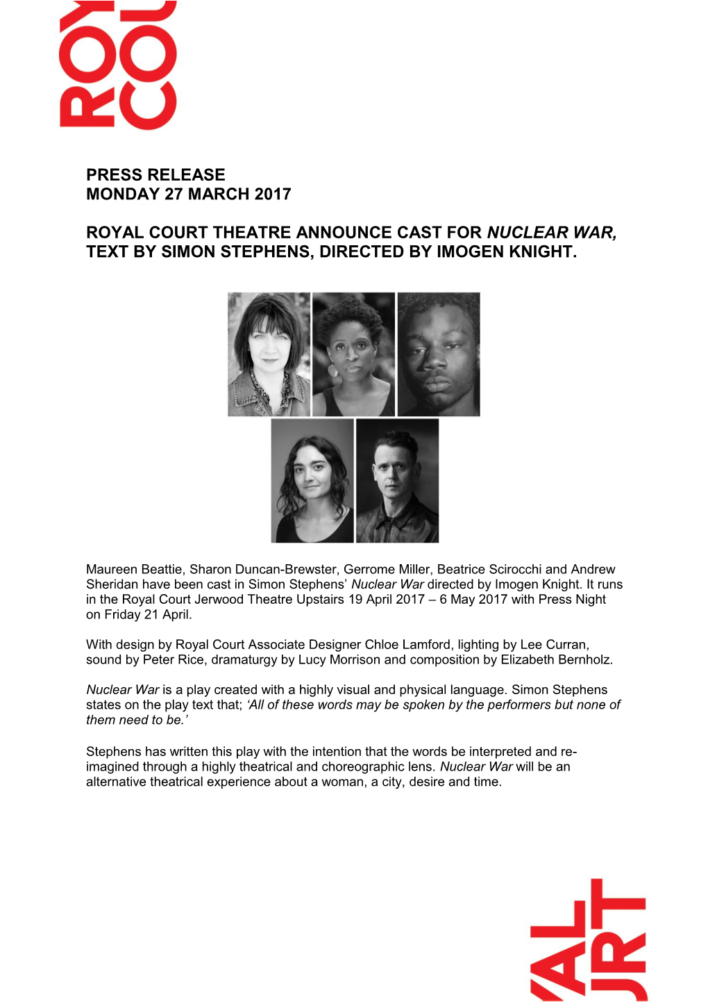 Press Release Monday 27 March 2017 Royal Court