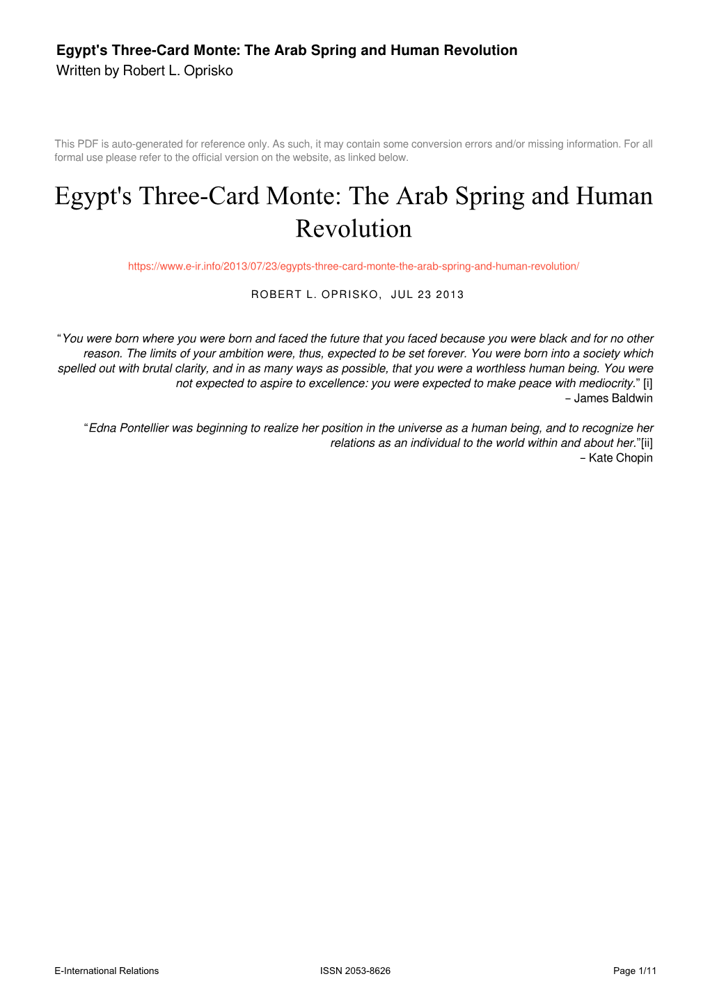 Egypt's Three-Card Monte: the Arab Spring and Human Revolution Written by Robert L
